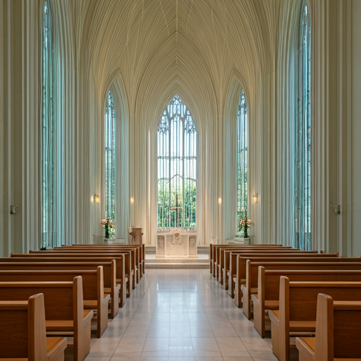 Interior of a modern, minimalist glass sanctuary
