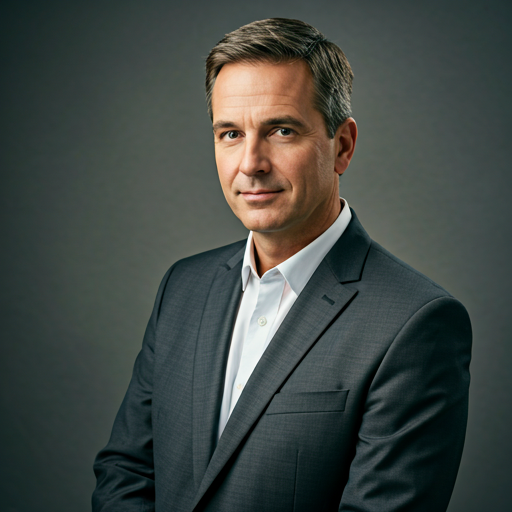 professional portrait of a middle-aged man in a charcoal suit looking confident against a neutral studio background