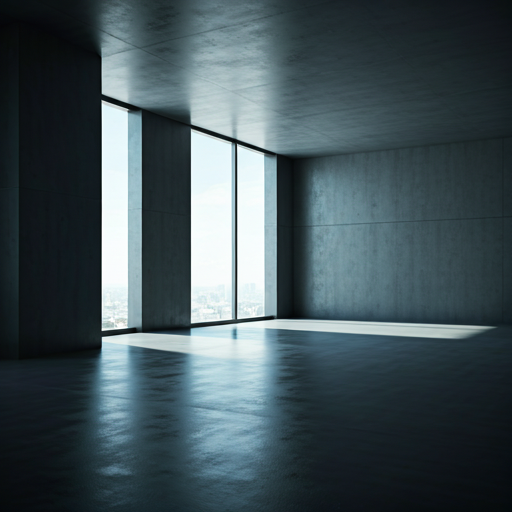 minimalist modern architectural interior with clean concrete lines large glass windows and soft natural light