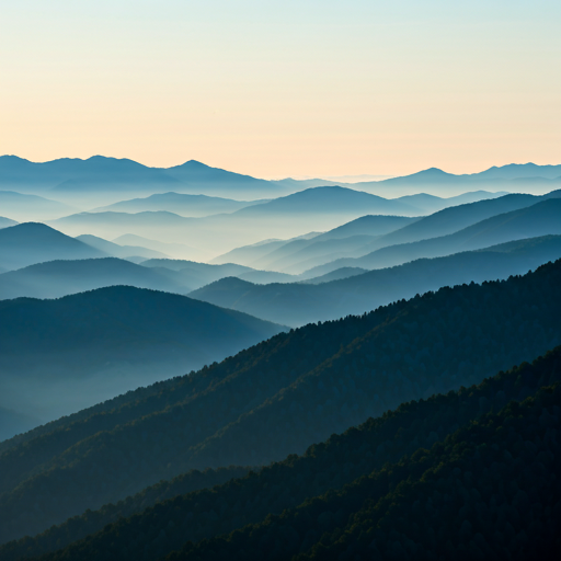 misty mountain peak in morning light with layers of blue and grey silhouettes under a soft sky