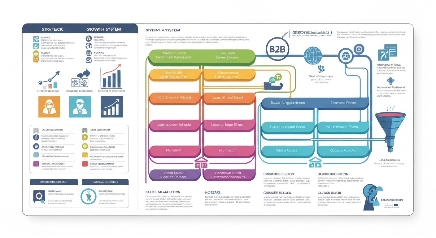 Strategic B2B revenue architecture blueprint showing growth systems and conversion funnels