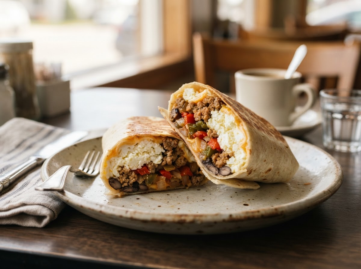 Egg-white turkey breakfast burrito cut in half