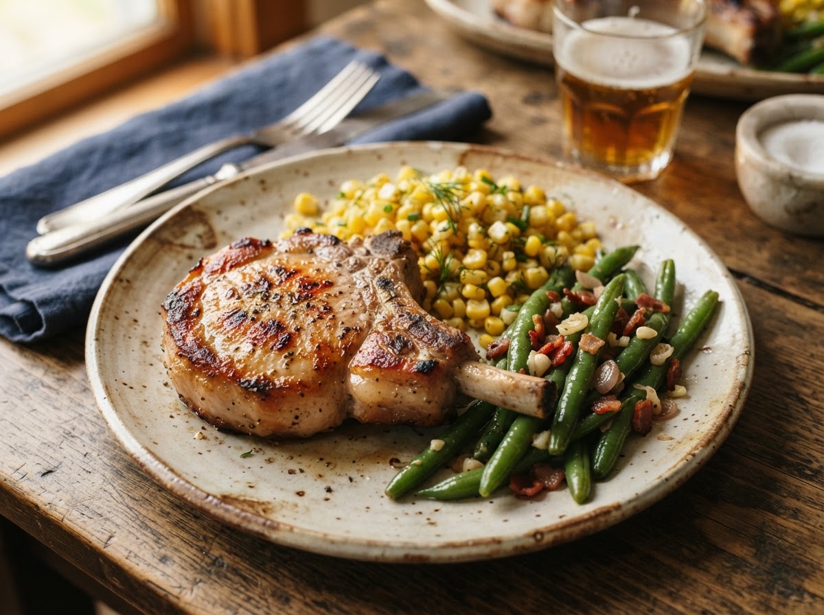 Bone-in Iowa pork chop with sweet corn and green beans