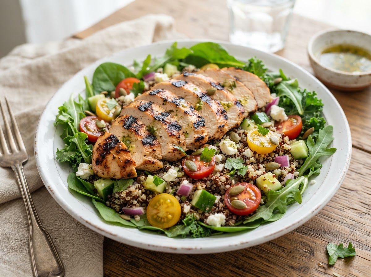 Grilled chicken quinoa salad with fresh greens