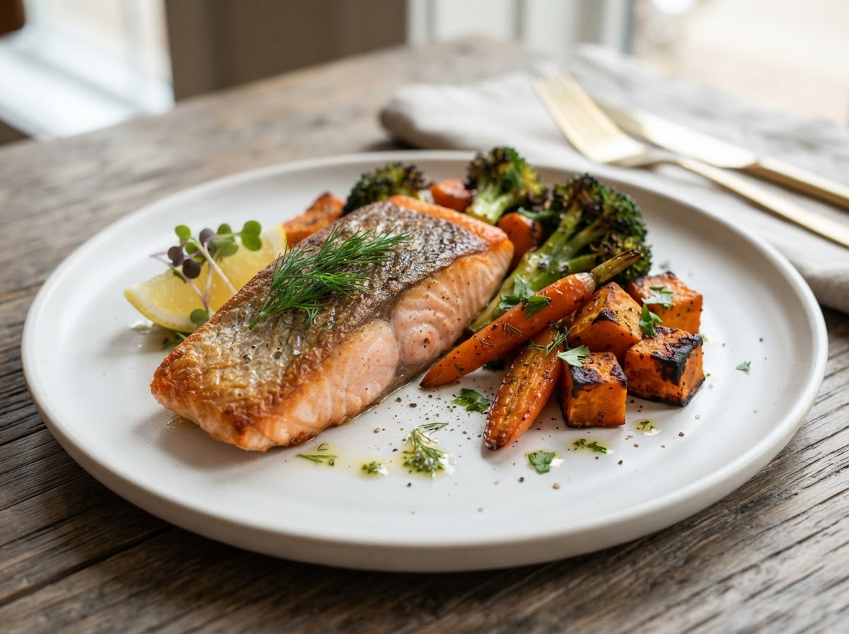 Seared salmon fillet with roasted vegetables