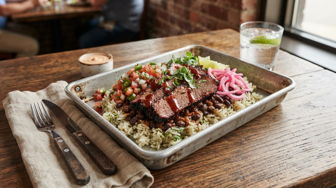 Smoked brisket power bowl with rice, black beans and pickled onions
