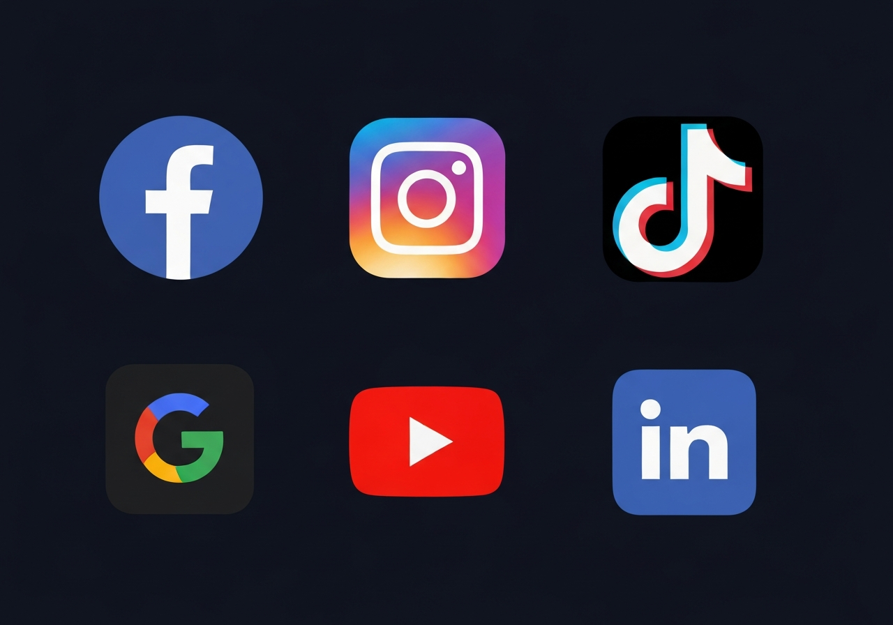 Loghi social media: Facebook, Instagram, TikTok, Google, Threads, YouTube, LinkedIn