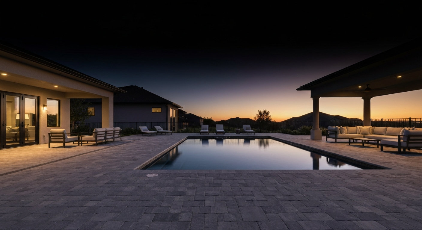 Premium outdoor living space with pool and pavers at dusk