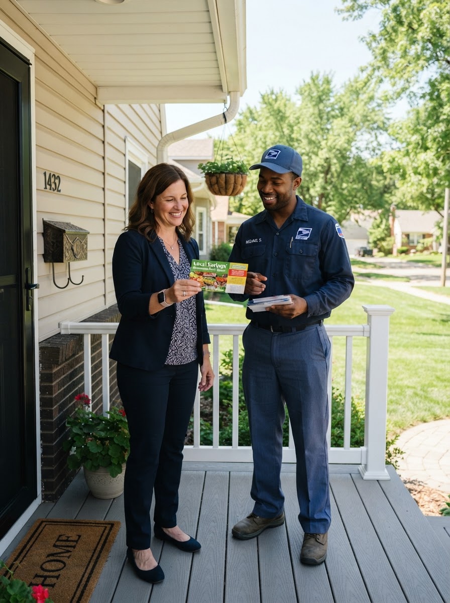Omaha local business owner and mail carrier reviewing a direct mail postcard in front of a clean home exterior