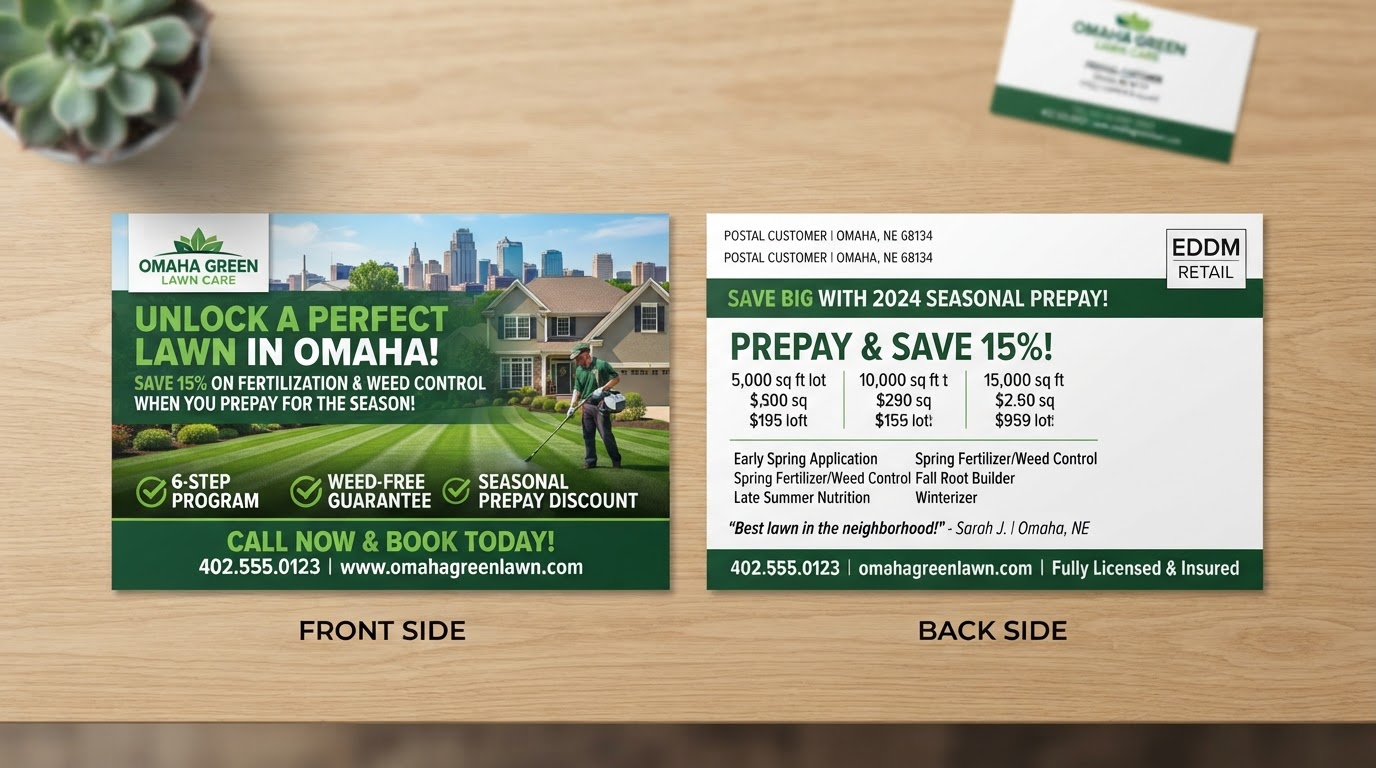 Lawn Care Postcards That Encourage Omaha Customers to Prepay for the Season