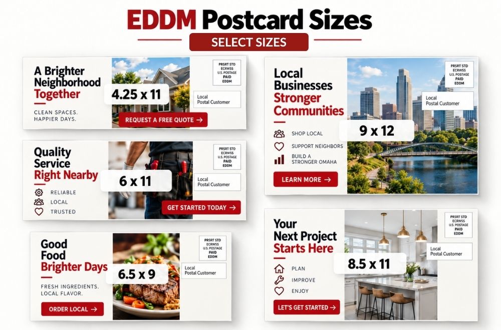EDDM Postcard Sizes Visual Comparison — 4.25x11, 6x11, 6.5x9, 8.5x11, 9x12