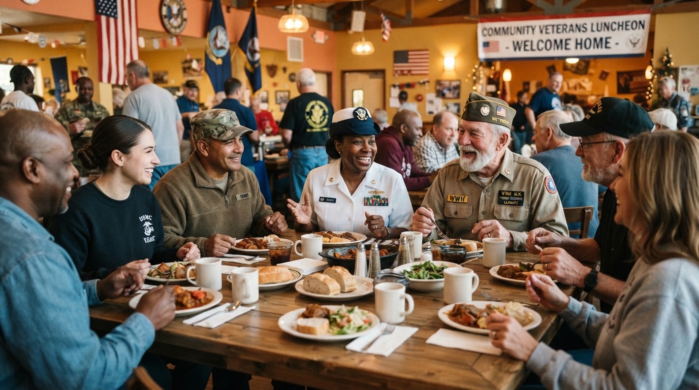 MobiChef Foundation veterans enjoying a meal together at a community event