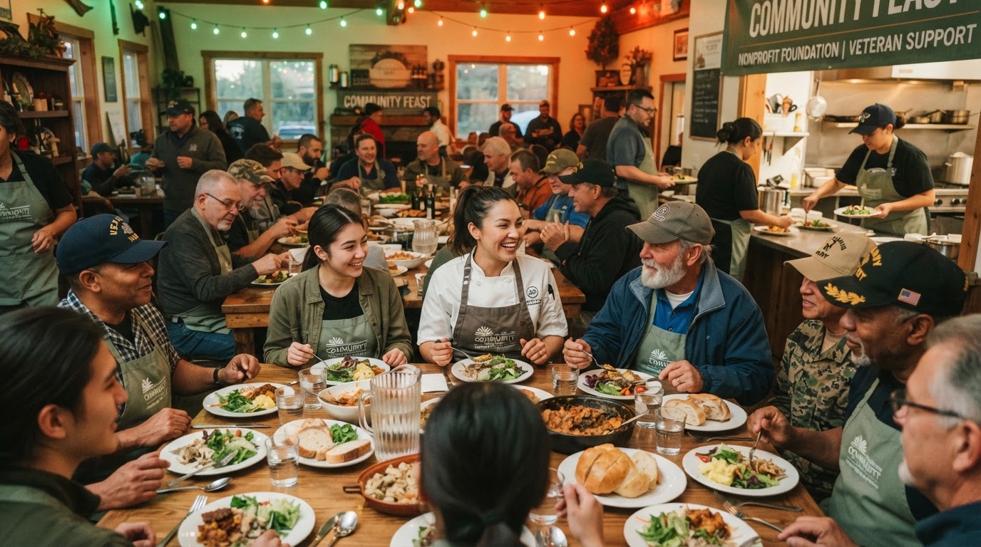 MobiChef Foundation community gathering — volunteers and veterans sharing a meal