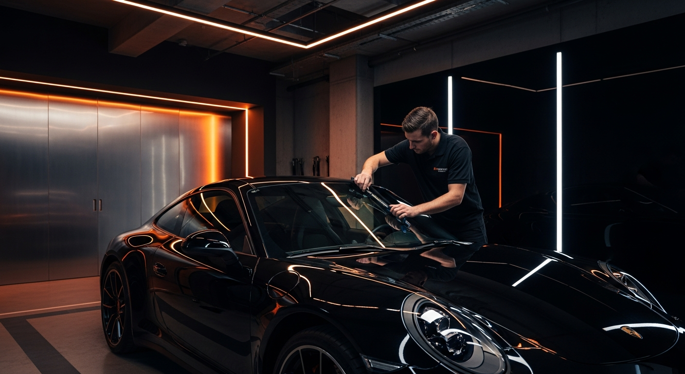 Professional technician performing windshield replacement on a luxury vehicle in District Heights, MD