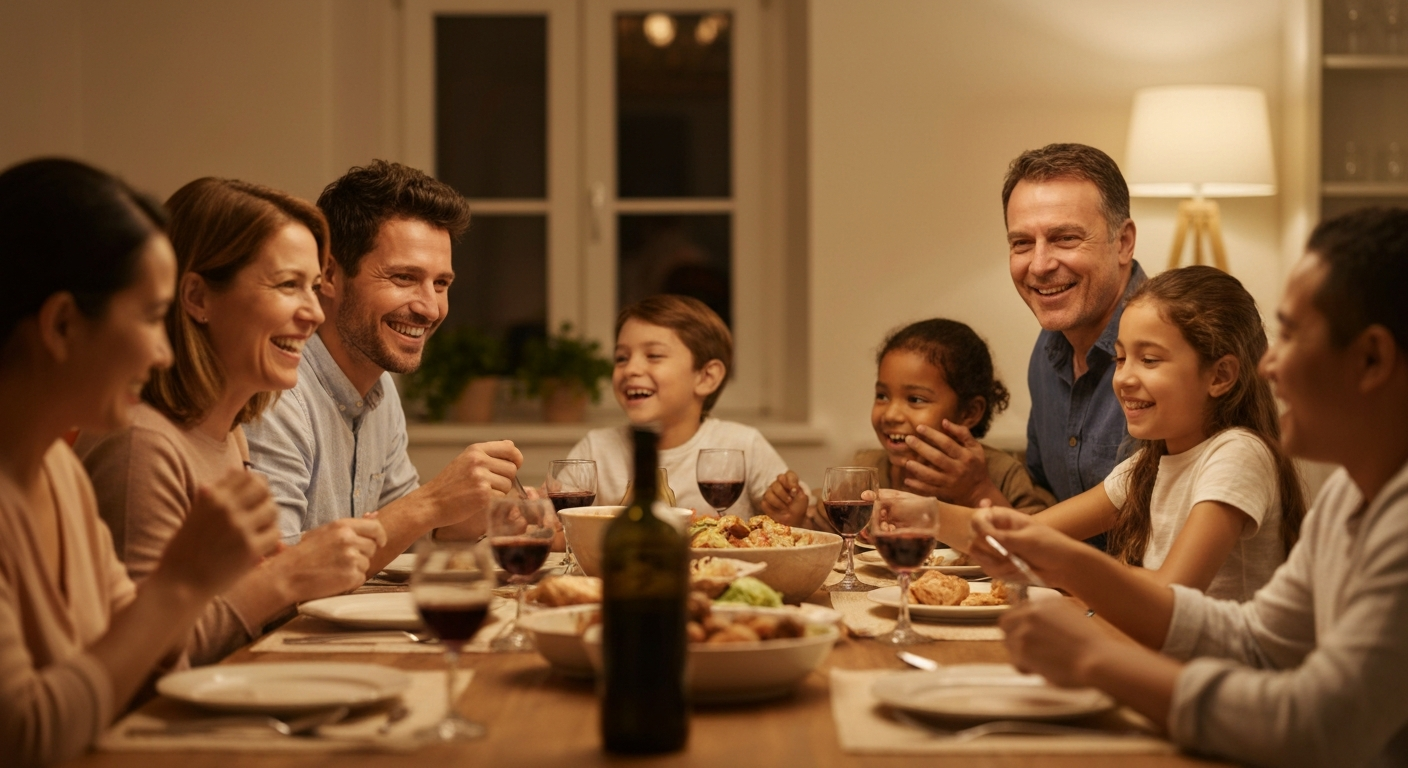 Blended family of adults and children sitting together happily at a table