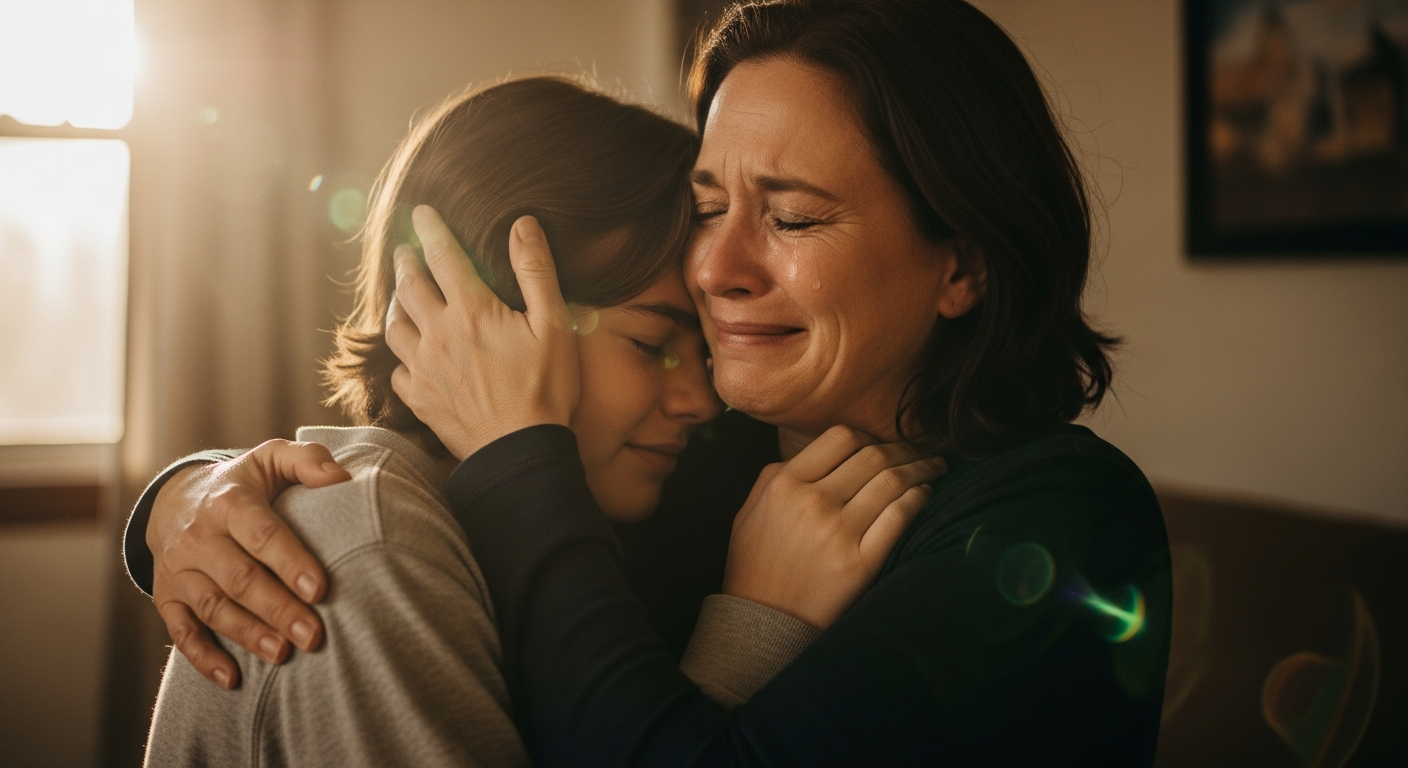 Parent joyfully reuniting with their older child after a period of estrangement