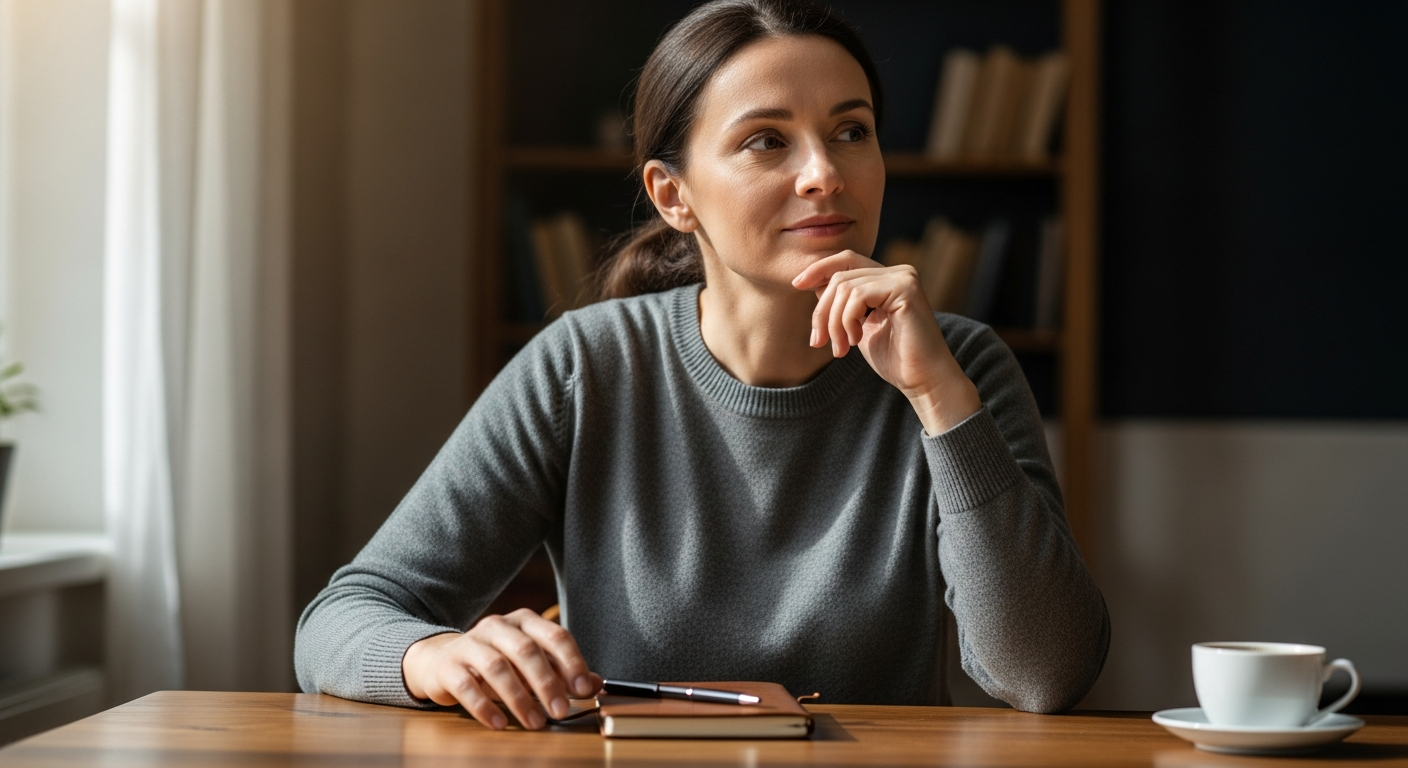 Parent sitting at a table looking thoughtful and determined, ready to take empowered action
