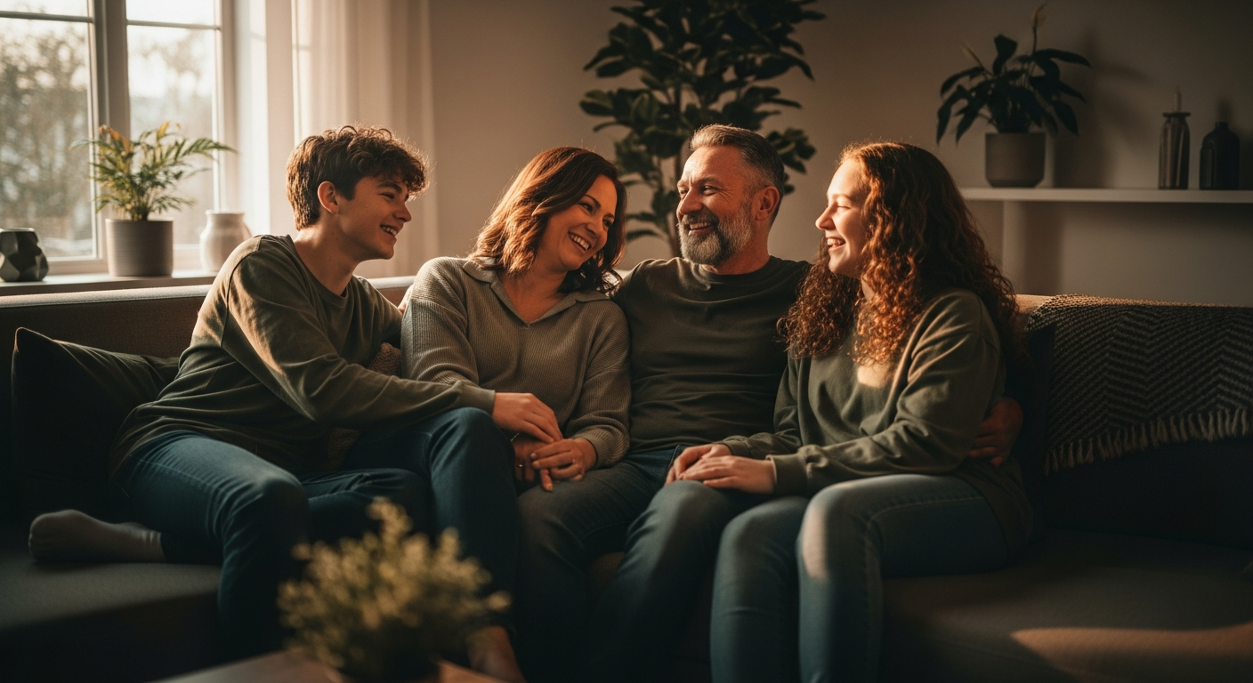 Warm blended family in sunlit home