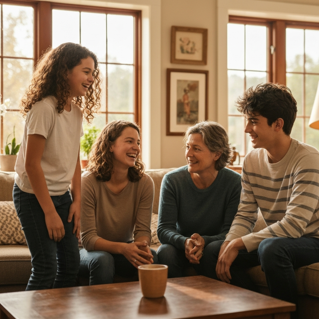 Blended family spending time together at home