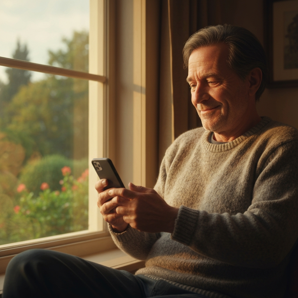 Parent thoughtfully looking at phone