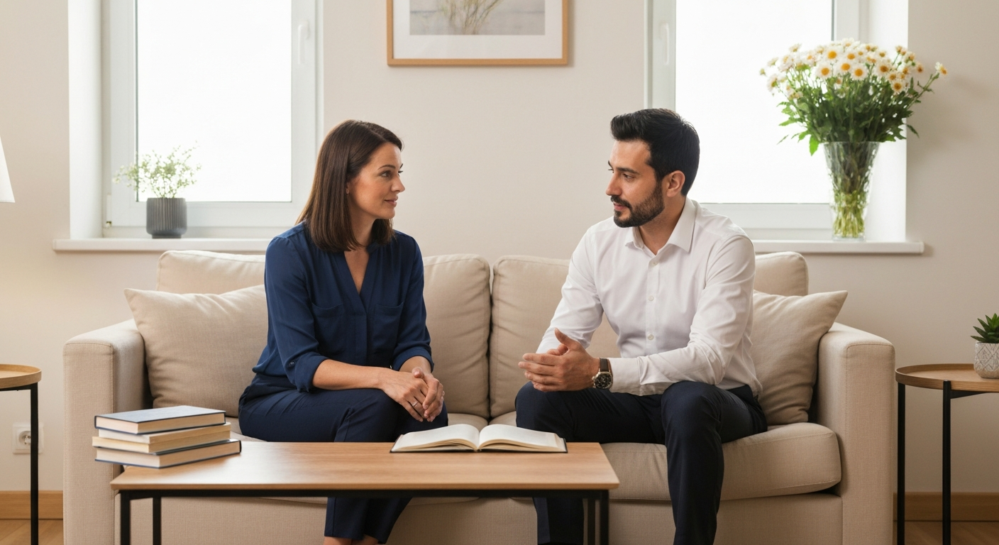 Two parents communicating civilly for the sake of their child after divorce