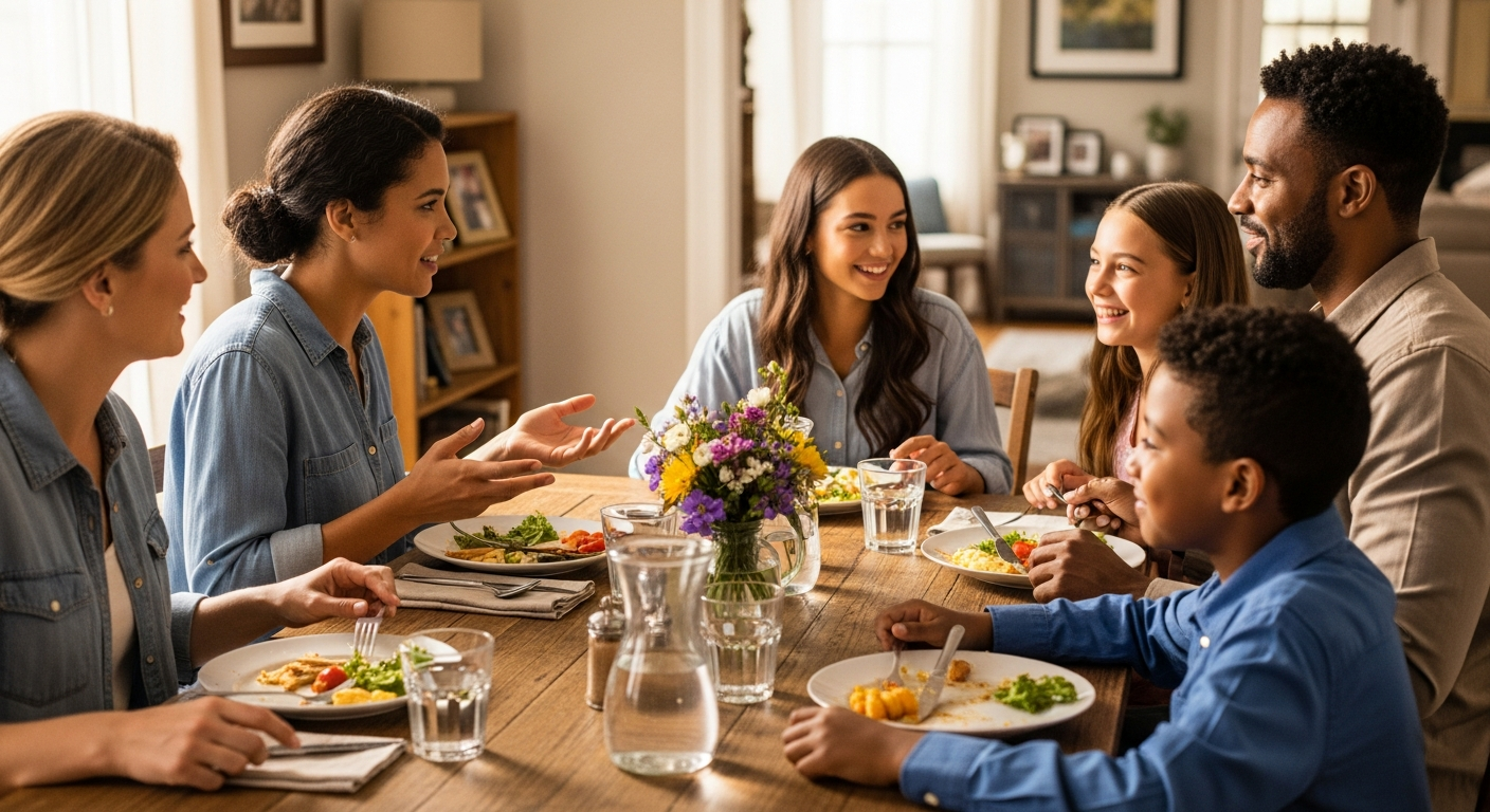 Blended family sitting together around a table having a calm family discussion