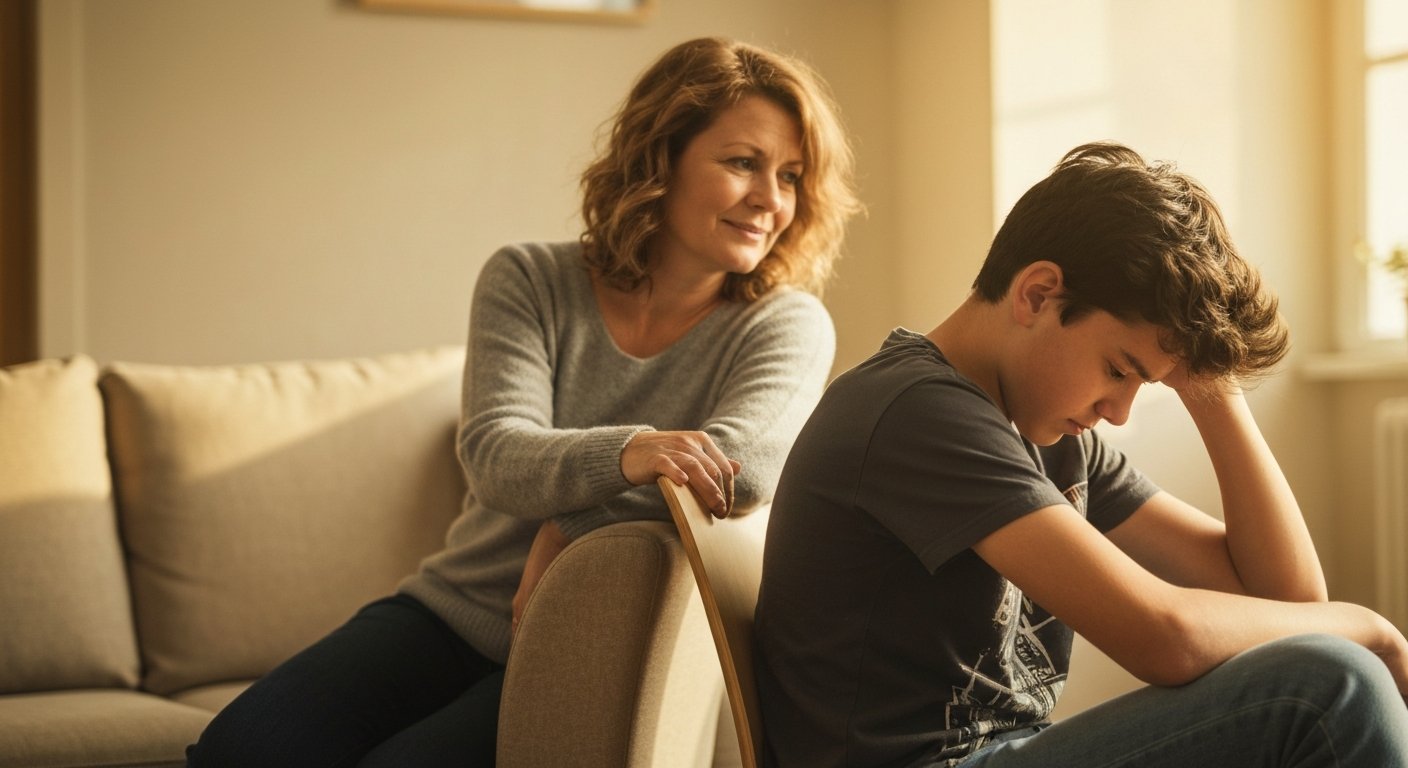 Parent sitting calmly with a teenager who is turned away, showing a difficult moment in parenting time