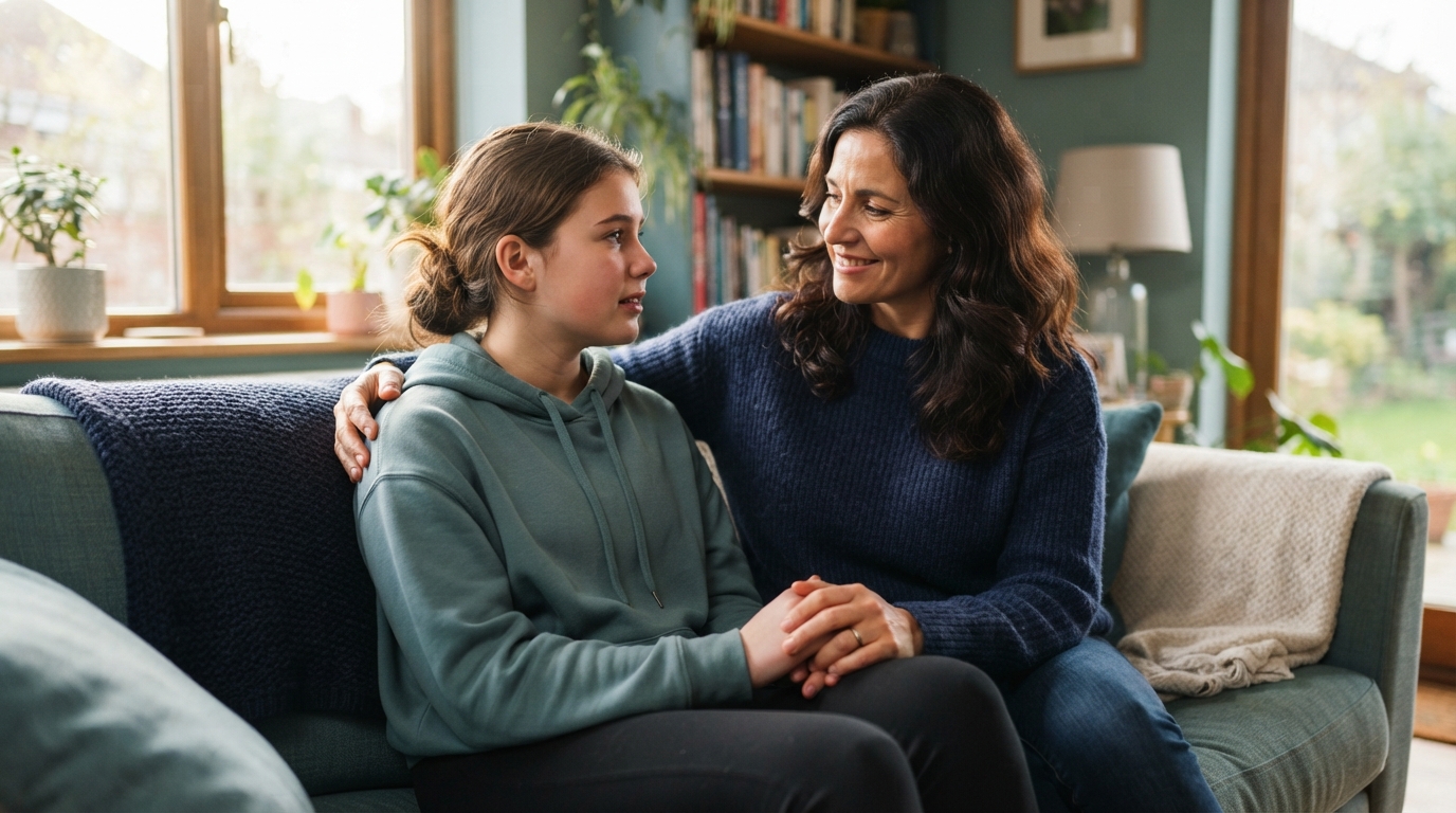 Parent and teenager in heartfelt conversation