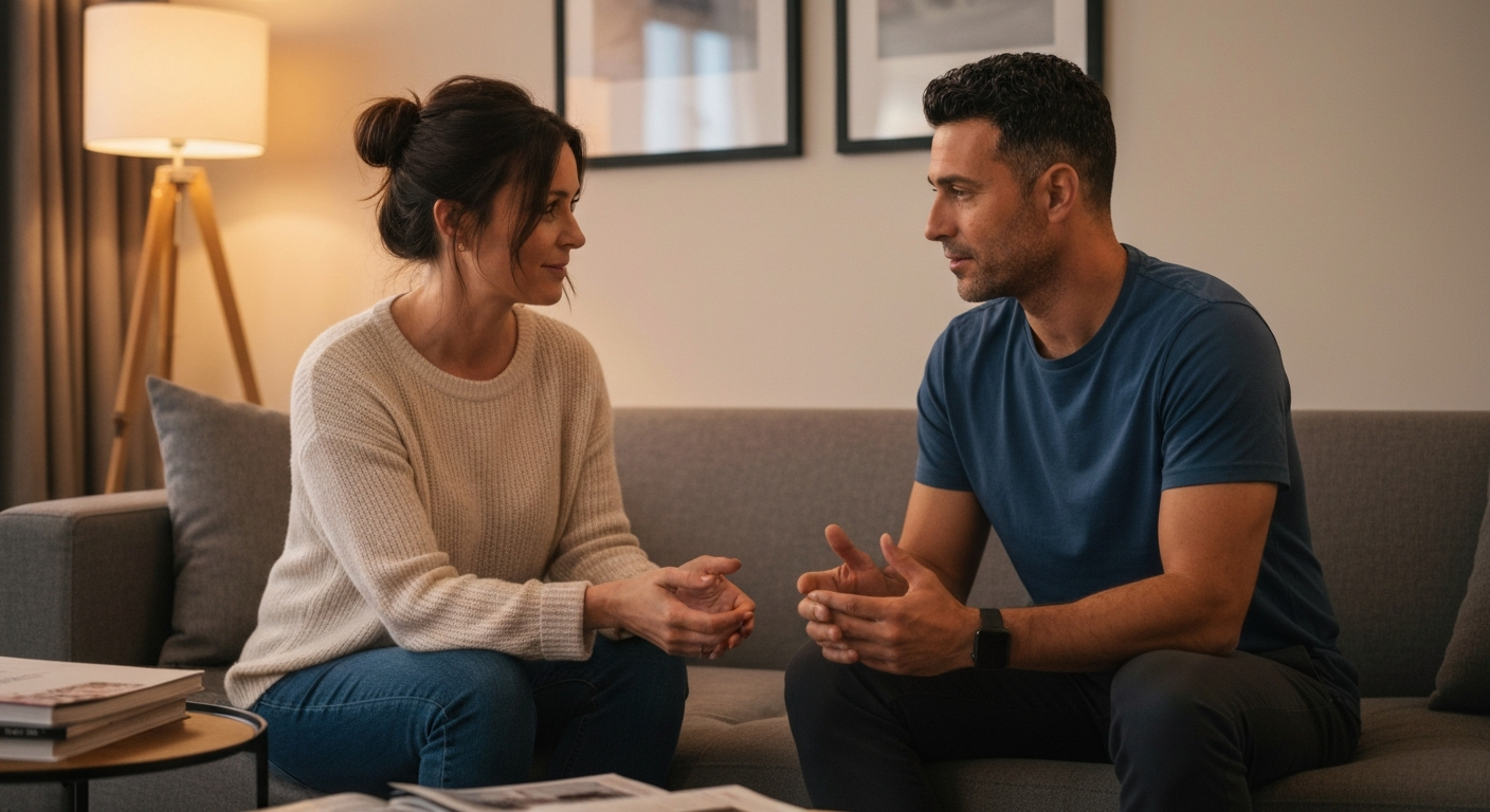 Two adults having a calm and respectful conversation about their blended family situation