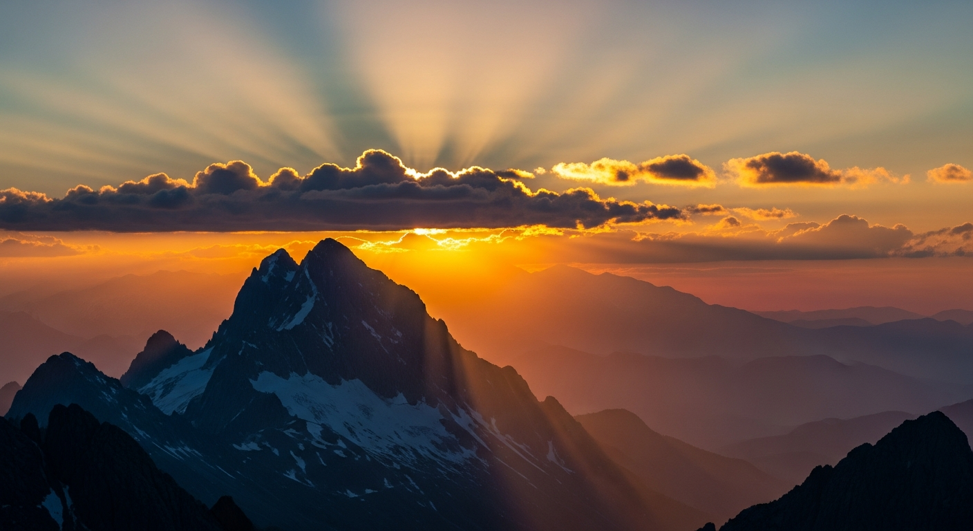 Cinematic background of a sunrise over a mountain peak