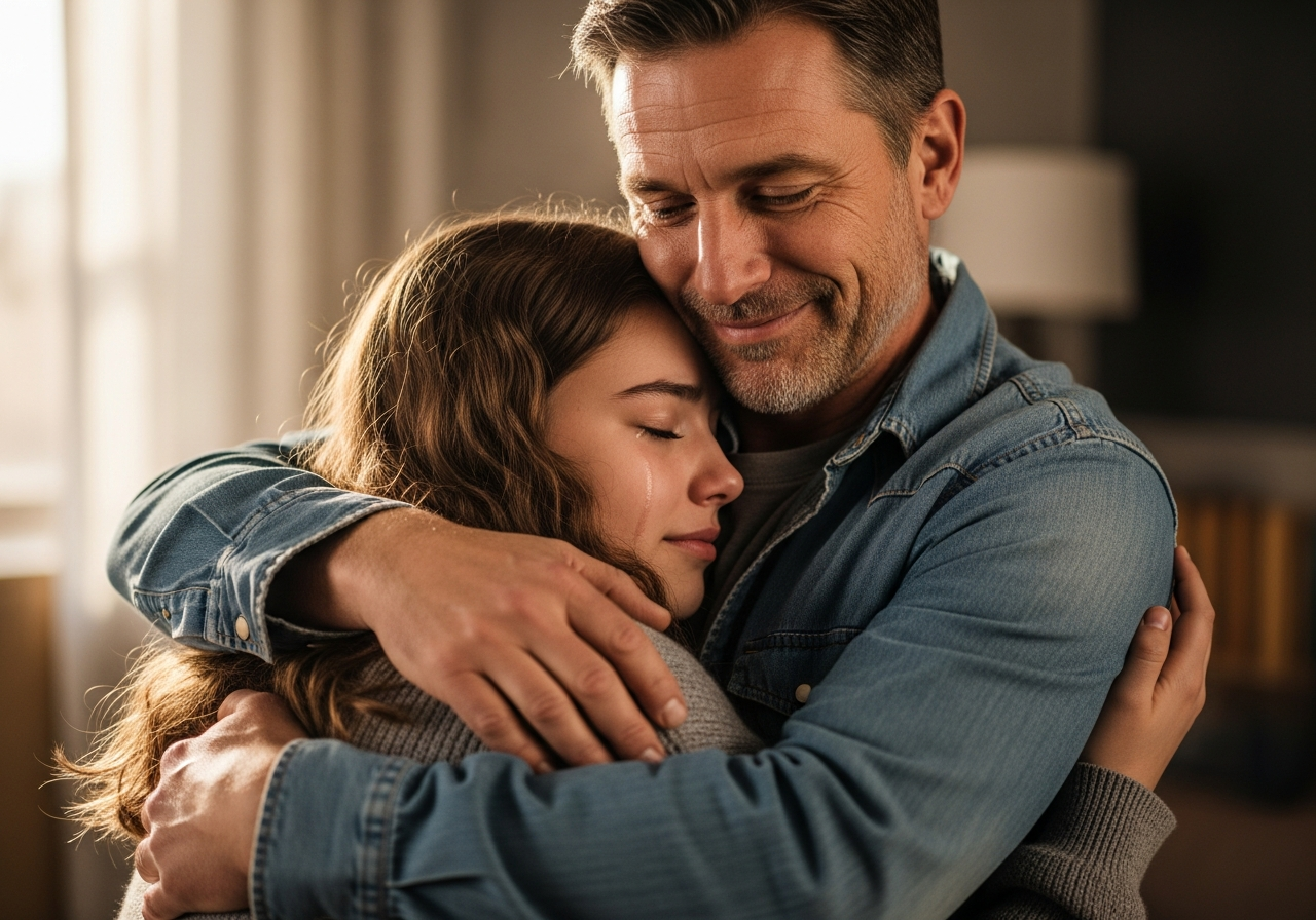 Father and teenage daughter reuniting