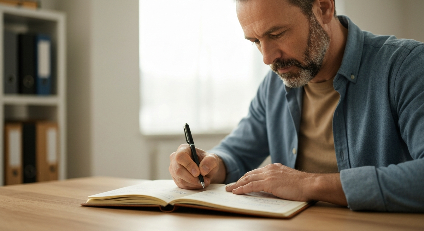 Determined parent writing a plan, ready to take action towards reunification