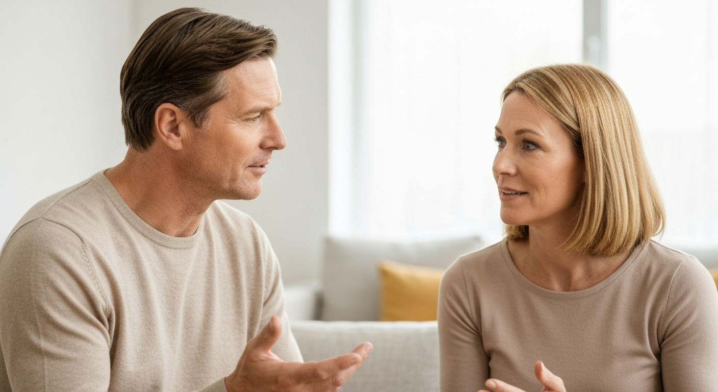 Two parents communicating calmly for the benefit of their child