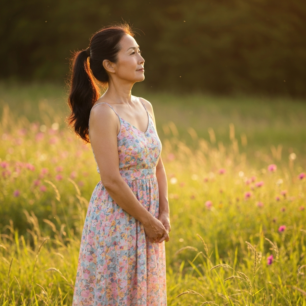 A parent looking peaceful and free, standing outside in nature