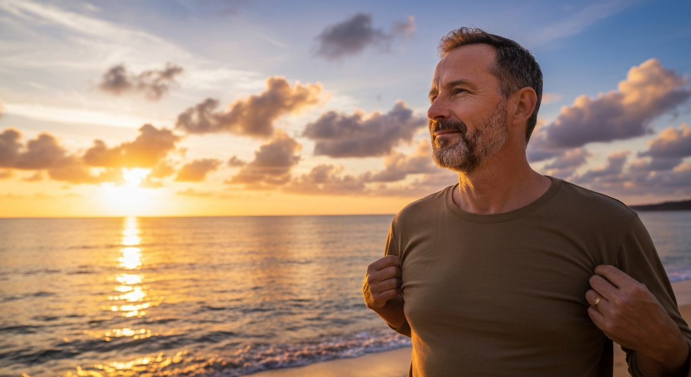Parent looking out over a peaceful ocean at sunrise