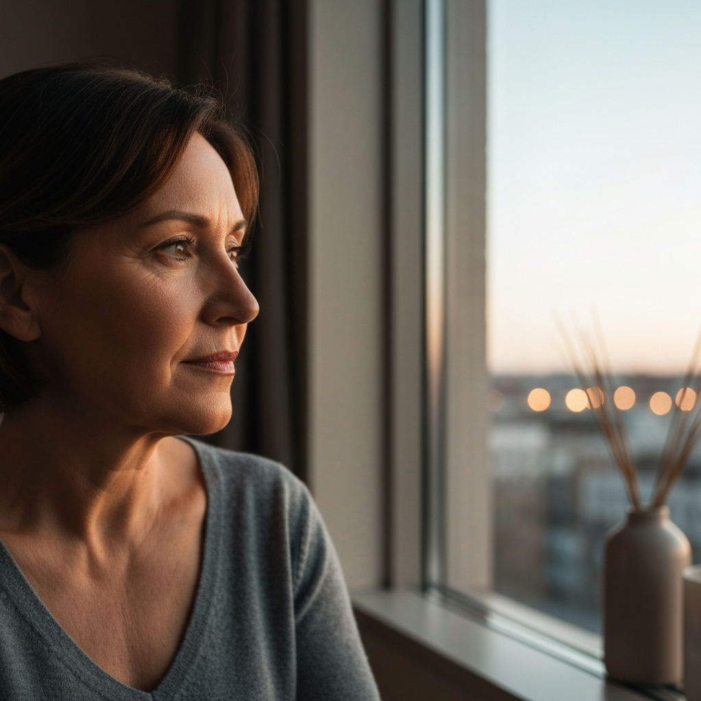 A solitary parent looking out of a window with a subtle emotional, reflective atmosphere