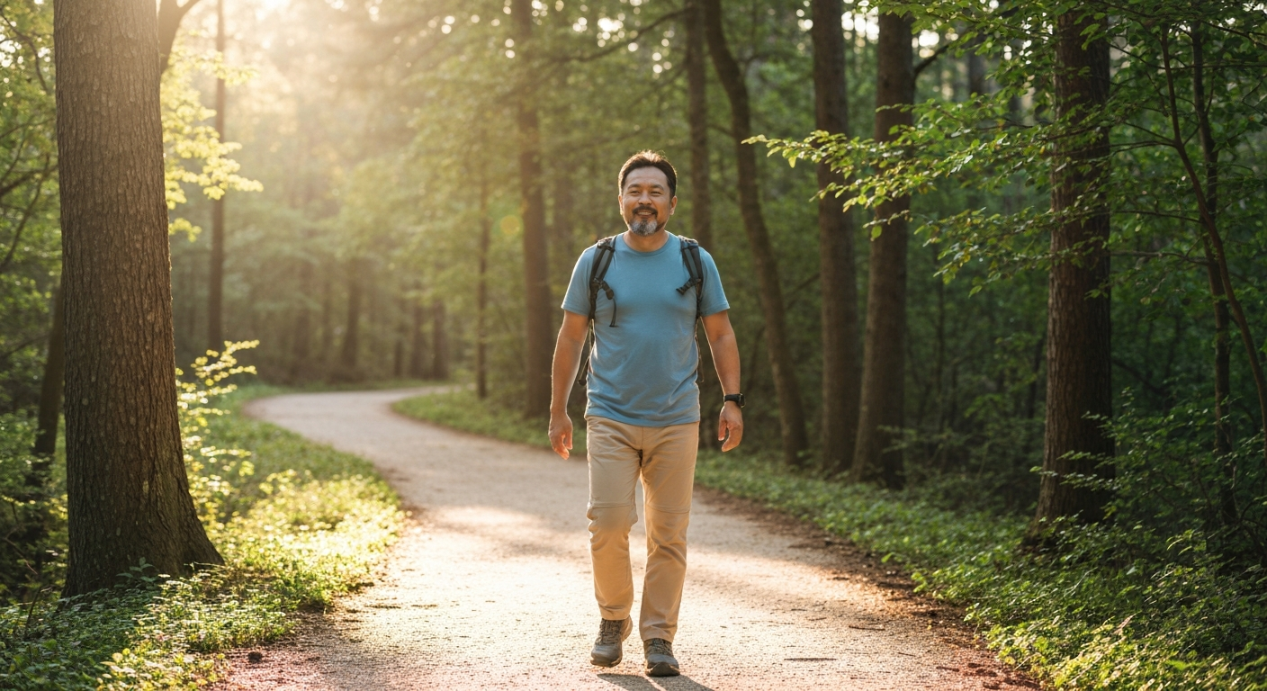 Parent walking confidently on a clear sunlit path in nature