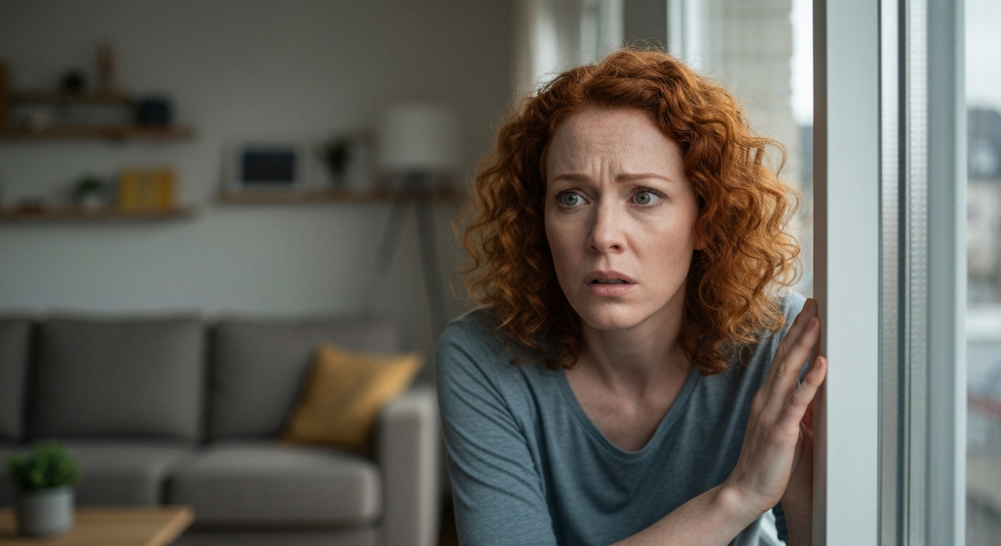 Parent looking out a window with a worried expression, not knowing where their child is