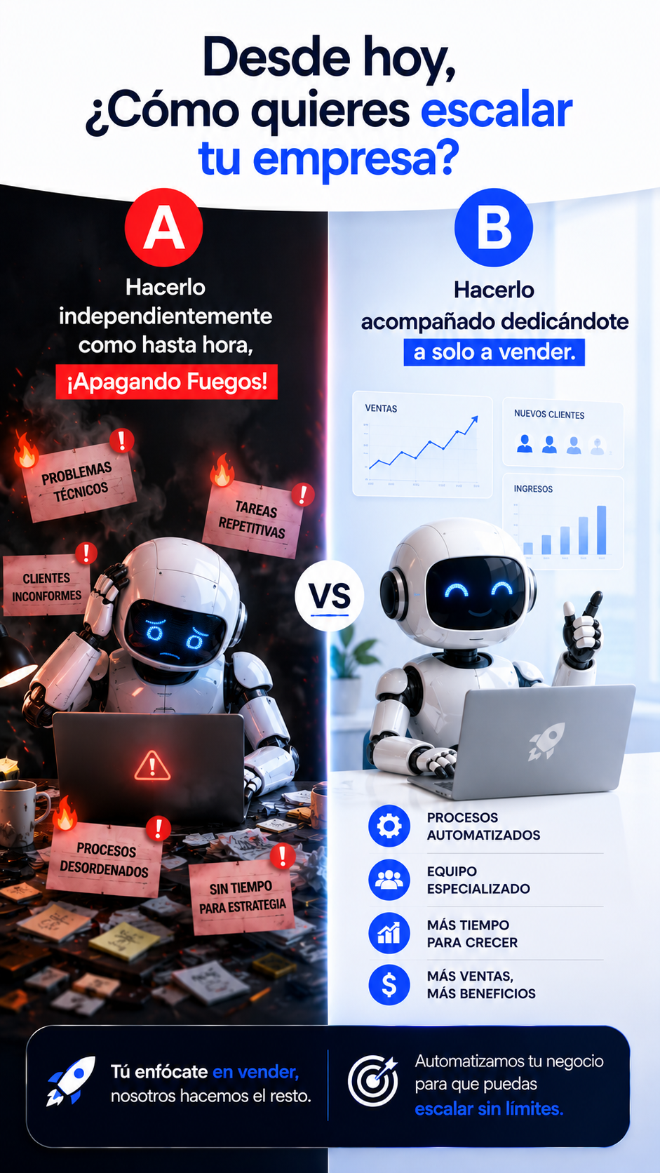 Comparativa escalada empresa con IA — lado A problemas vs lado B automatizado