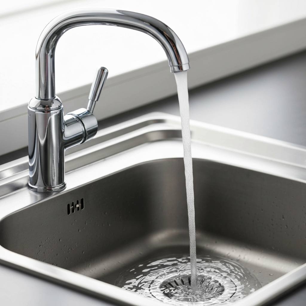 High-quality chrome kitchen sink tap with running water
