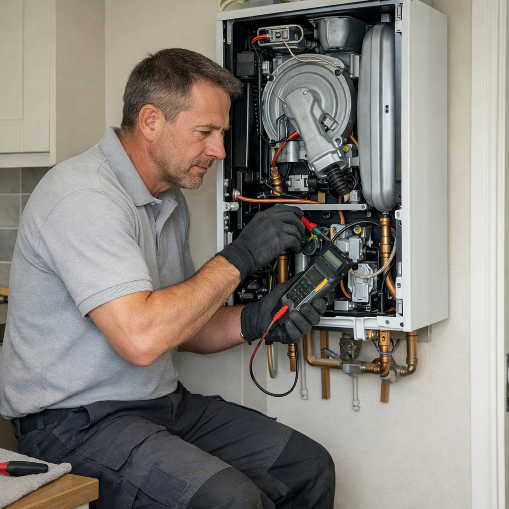 Gas engineer repairing a boiler
