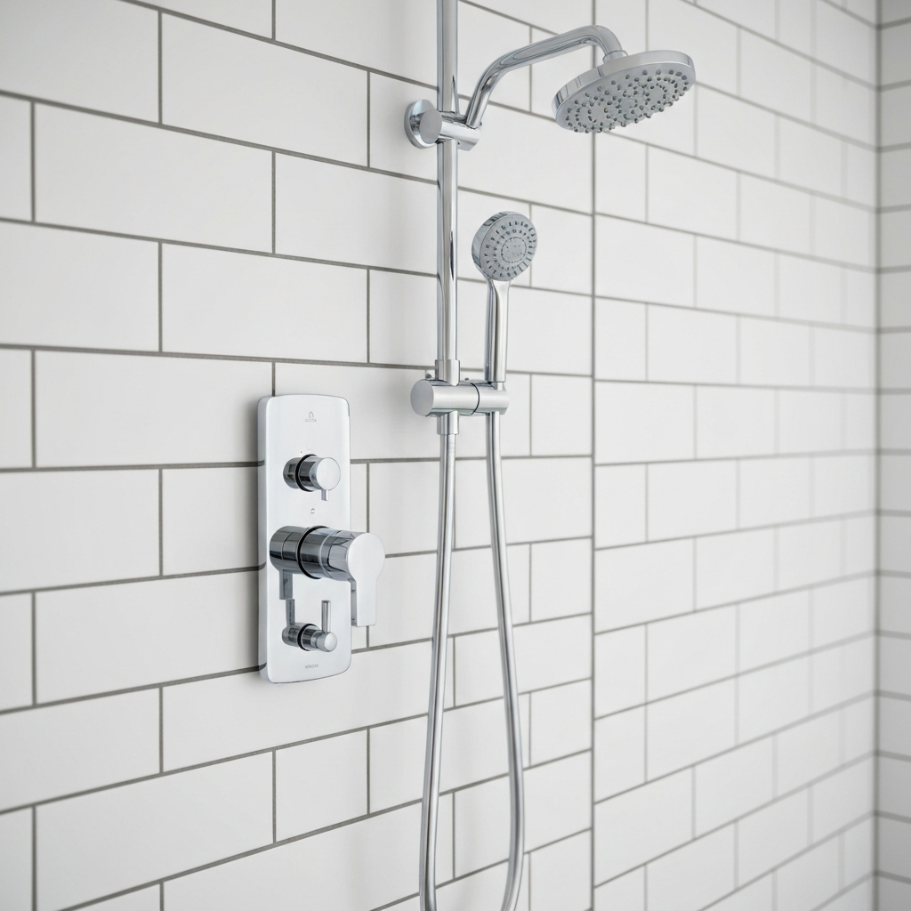 Modern chrome shower valve and showerhead