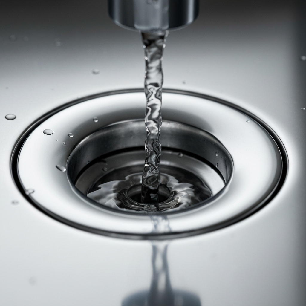 Sparkling clean chrome sink plughole with draining water
