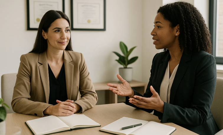 Two professionals engaged in a one-on-one executive coaching session