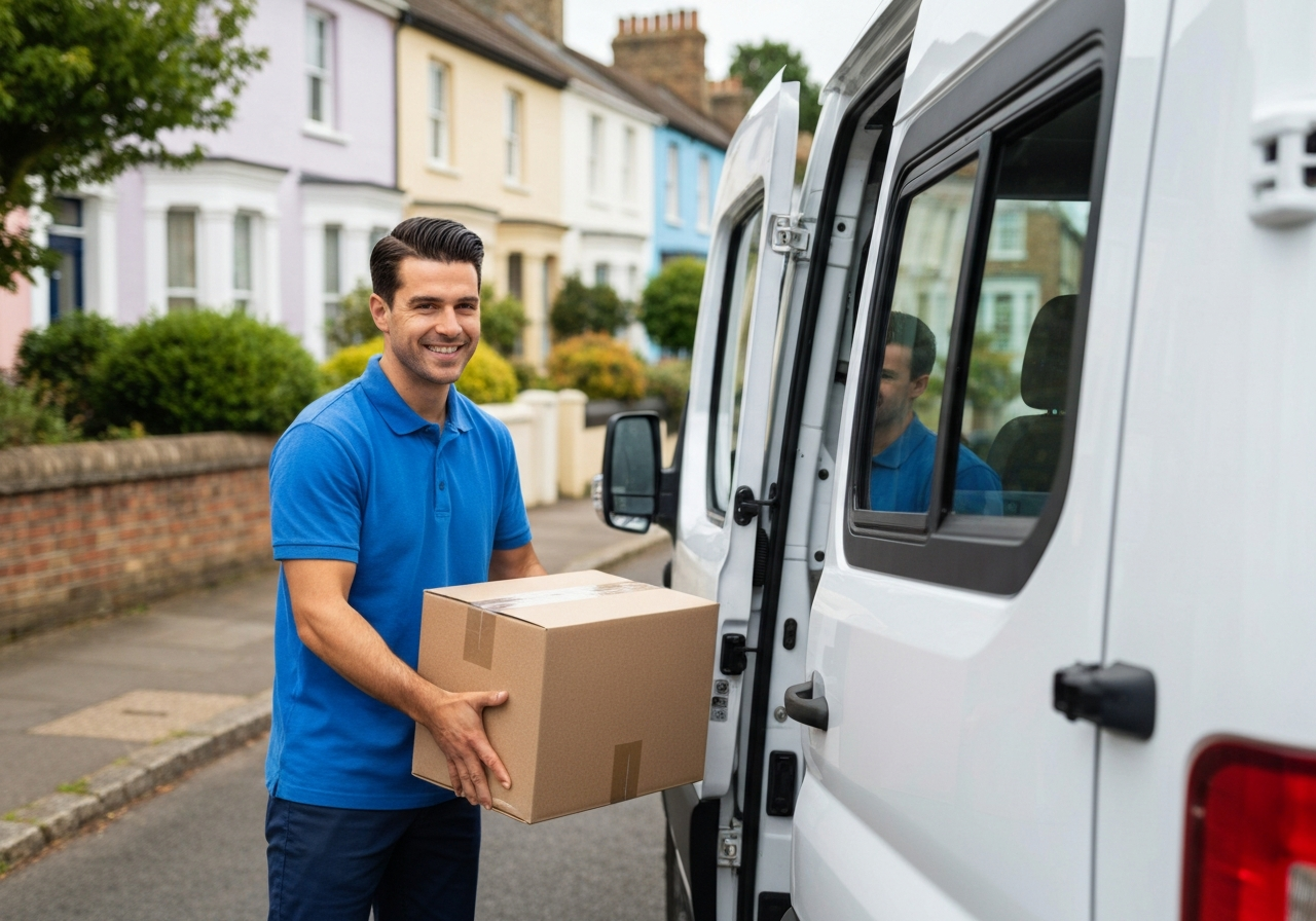 Friendly professional man loading boxes into a white transit van