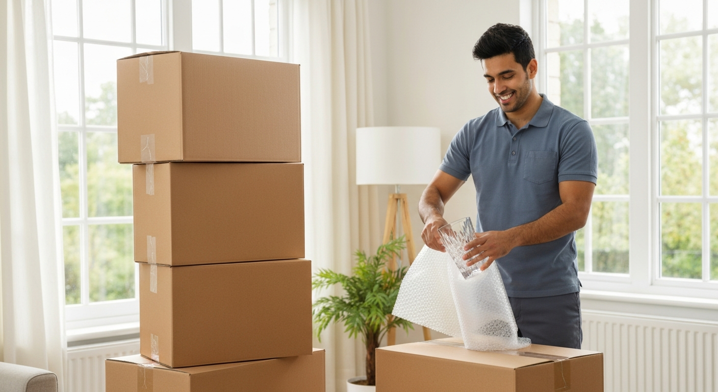 Professional movers packing boxes in a modern UK home