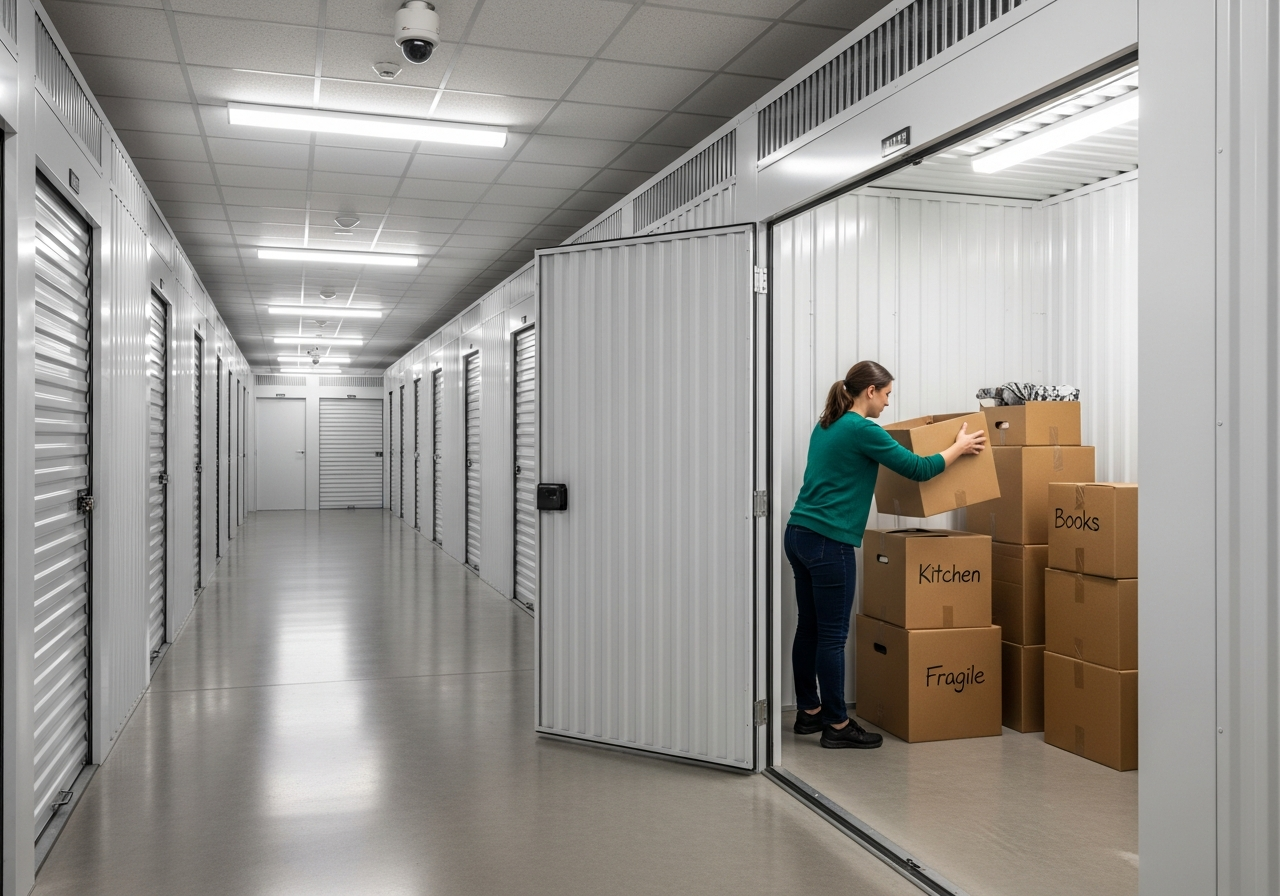 Person organising moving boxes in a clean, bright self-storage unit