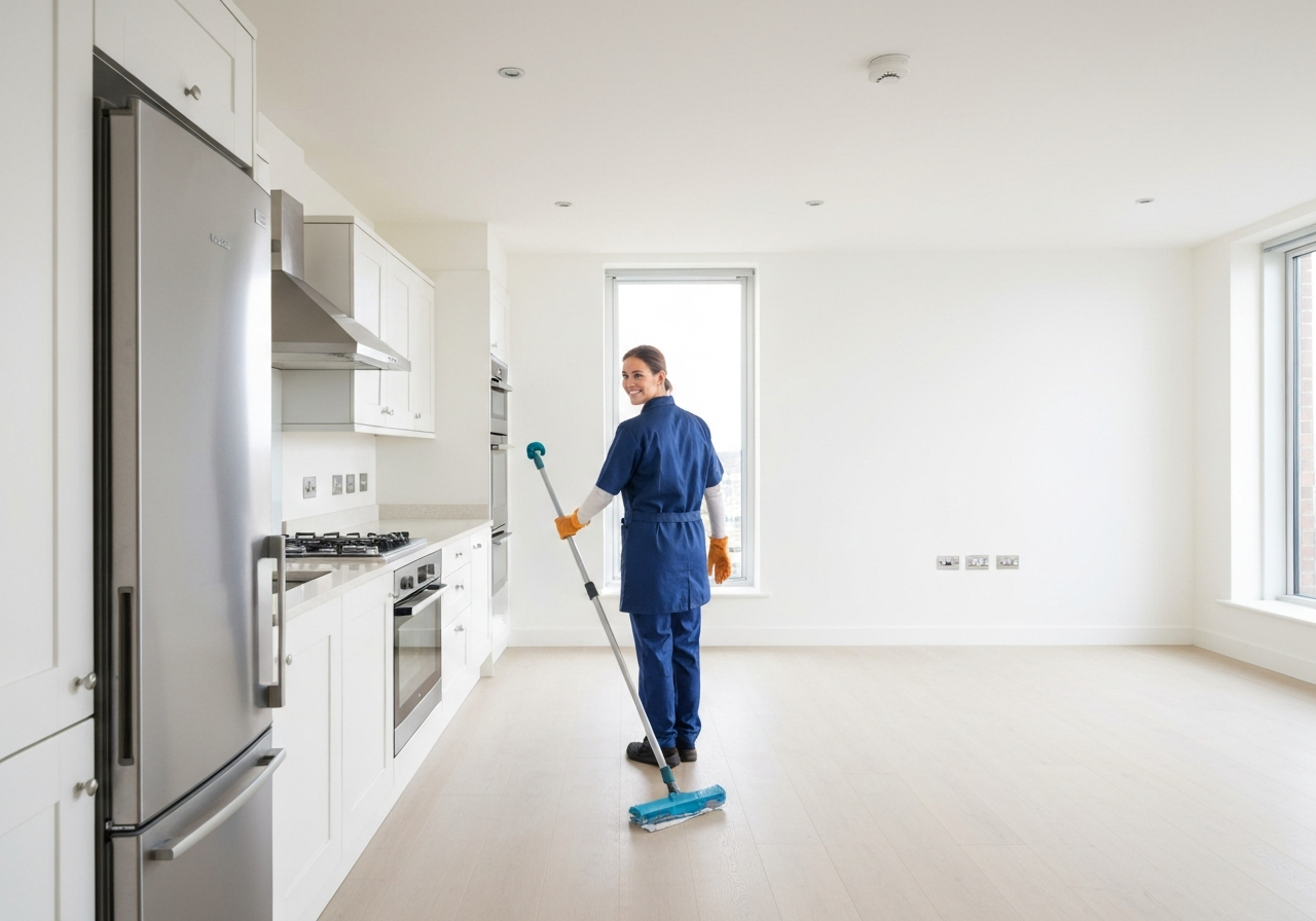 Professional cleaner doing a deep clean of a modern empty UK apartment