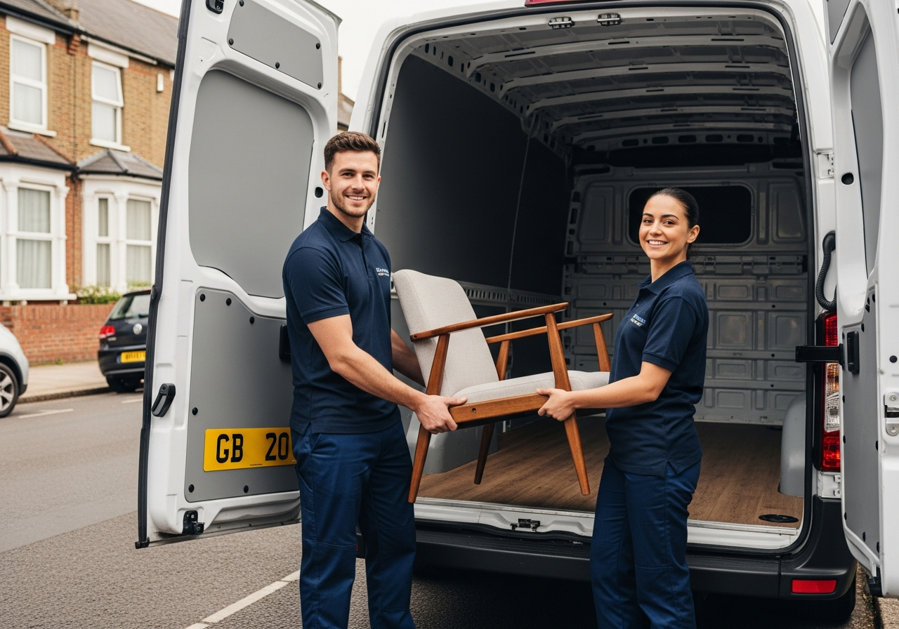 Professional UK removal company team loading a large branded truck