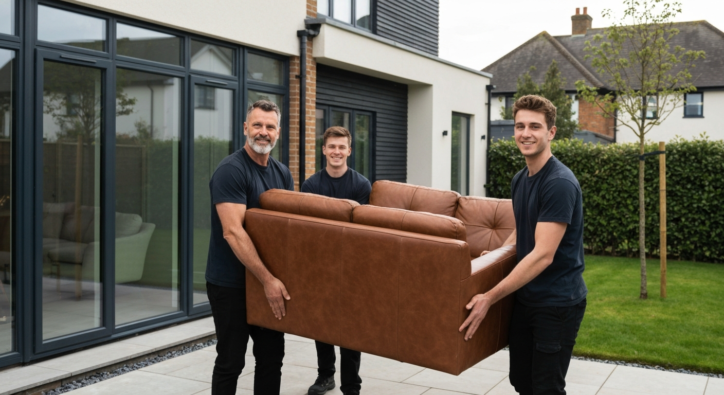 Professional UK removal team carefully carrying a sofa